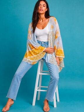 Anthropologie Jordin Floral Kimono Flutter Sleeves Blue Combo One Size $180